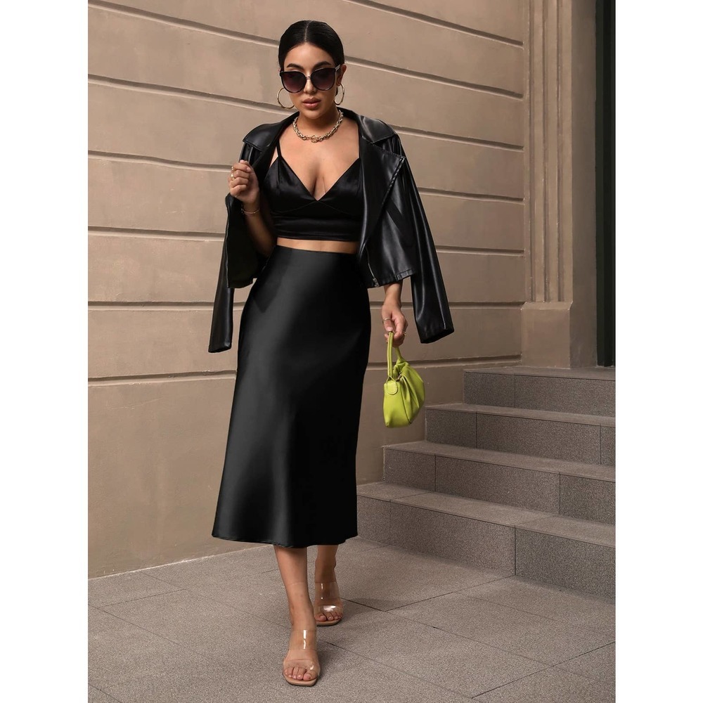 High Waist Satin midi Skirt lime green - Picture 7 of 9